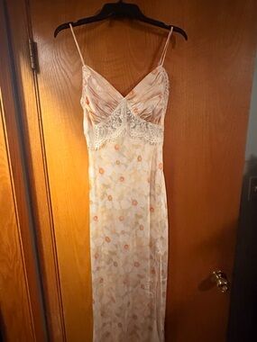 Astr Floral Lace-Trim Satin Slip in Cream and Peach